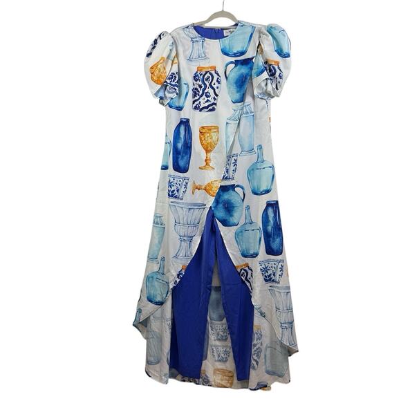 Sassy Jones New Zena Layered Cape Jumpsuit Small Blue Vase Print Puff Sleeve - Picture 16 of 16